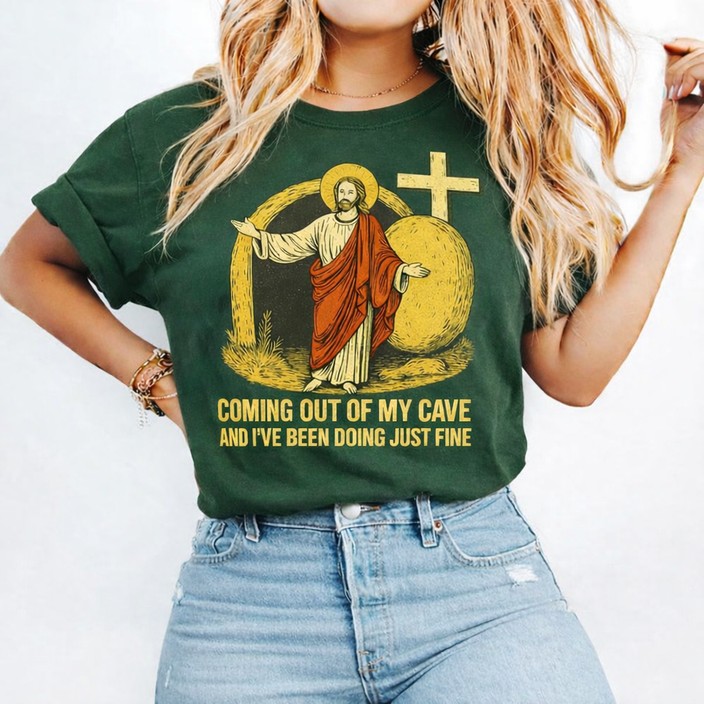 Coming Out Of My Cave Shirt, Comfort Colors Easter Tee, Funny Christian Jesus Shirt, Resurrection Graphic Tee, Faith Based Gift for Women Men CFLAF051