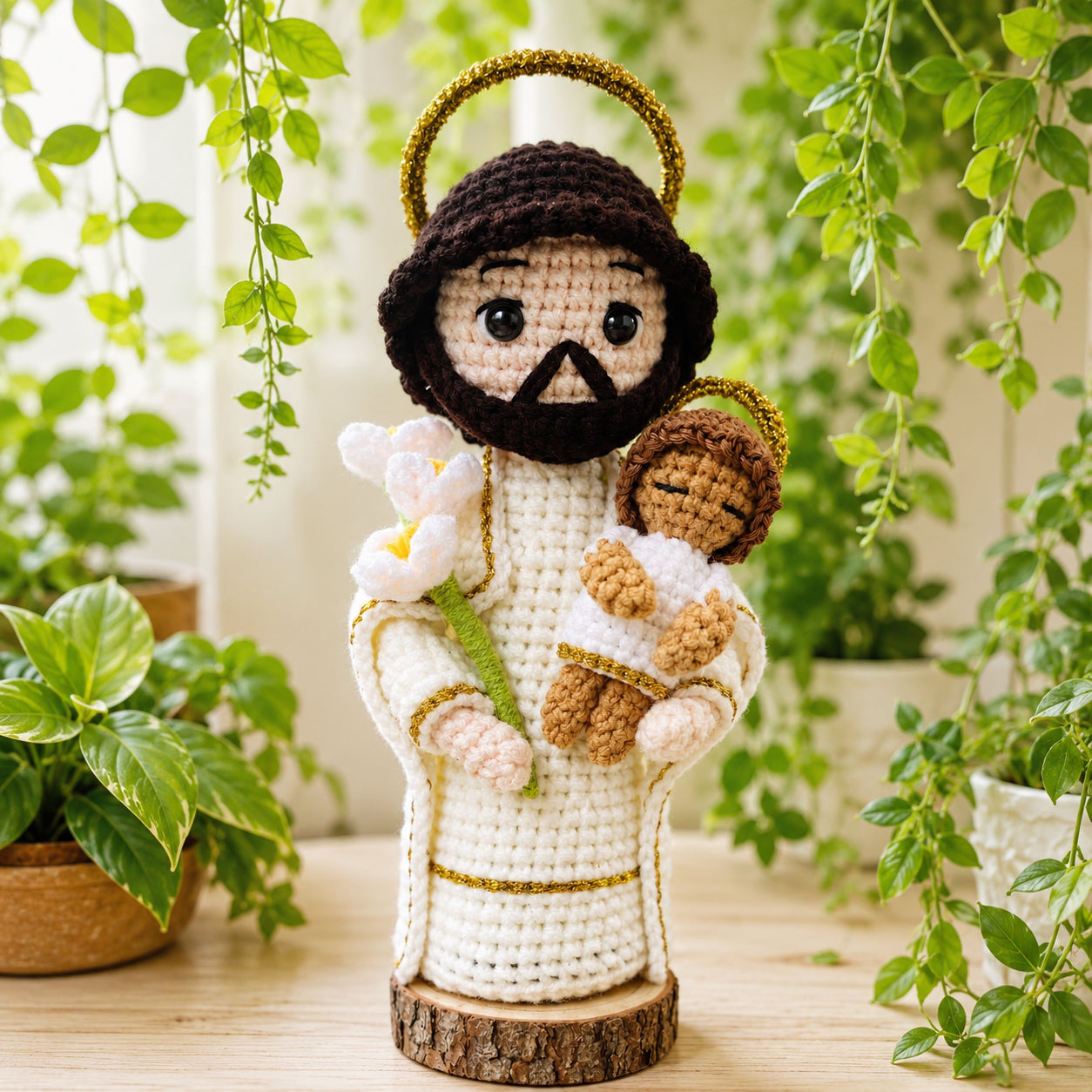 Handmade Crochet Saint Joseph with Baby Doll, Jesus Figurine, Christian Family Gift, Sacrament Keepsake CR10
