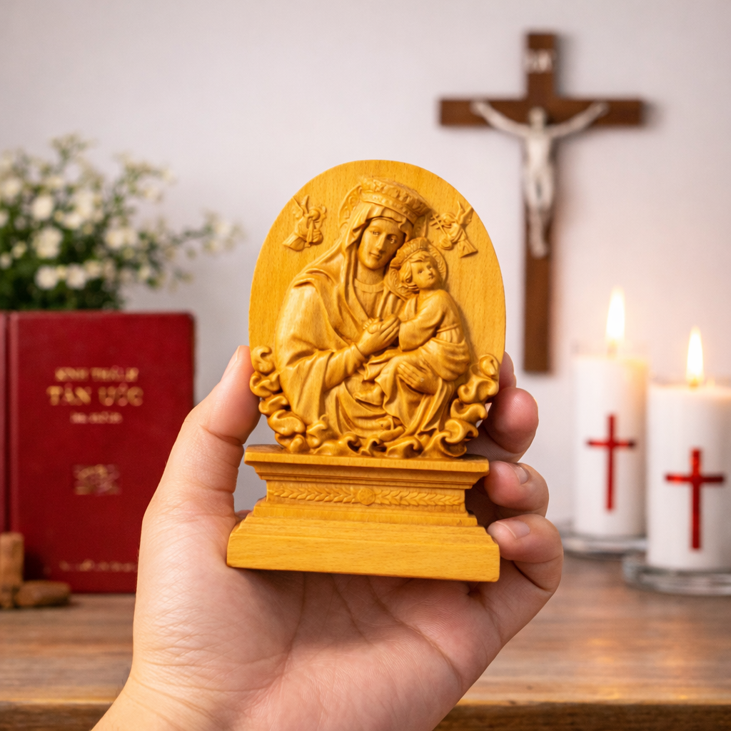Our Lady of Perpetual Help Relief Plaque, Catholic Beech Wood Wall Art, Virgin Mary Icon, Religious Wall Decor, Christian Devotional, Catholic Gift