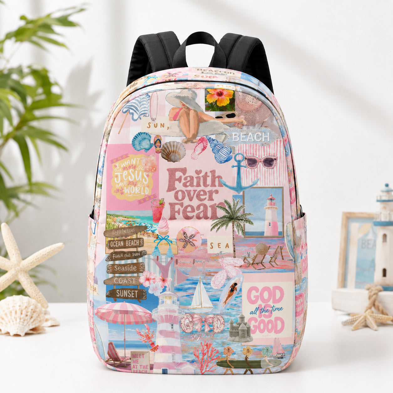 Faith Over Fear Backpack, Custom Beach Pattern Christian Aesthetic Backpack, Christian Faith Bag, Laptop Bag, Back To School Backpack PLAF77