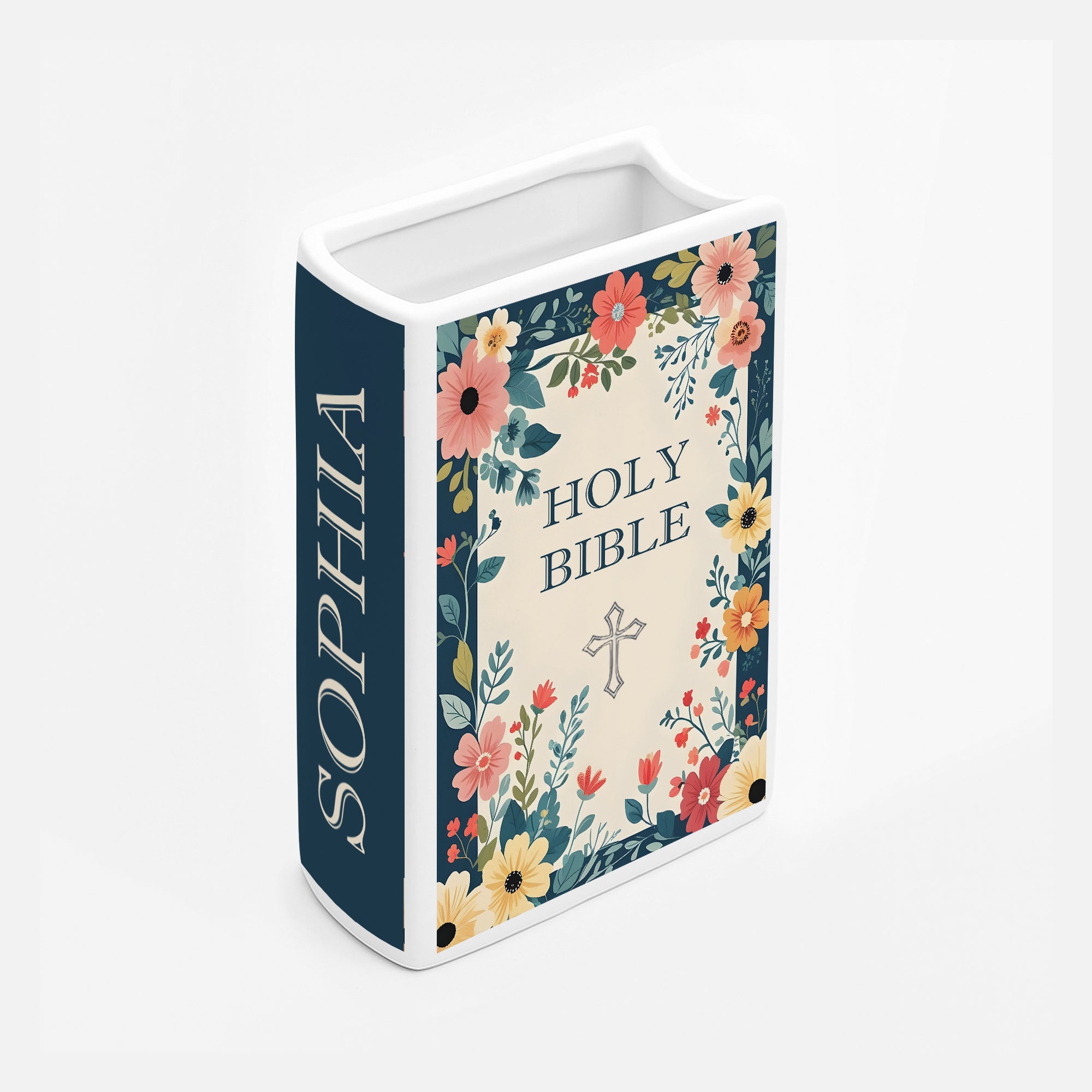 Personalized Holy Bible Book Vase for Women, Pastel Floral Ceramic Christian Home Decor with Name, Bible Verse Book Shaped Flower Vase, Mother's Day Gift CBLAF14