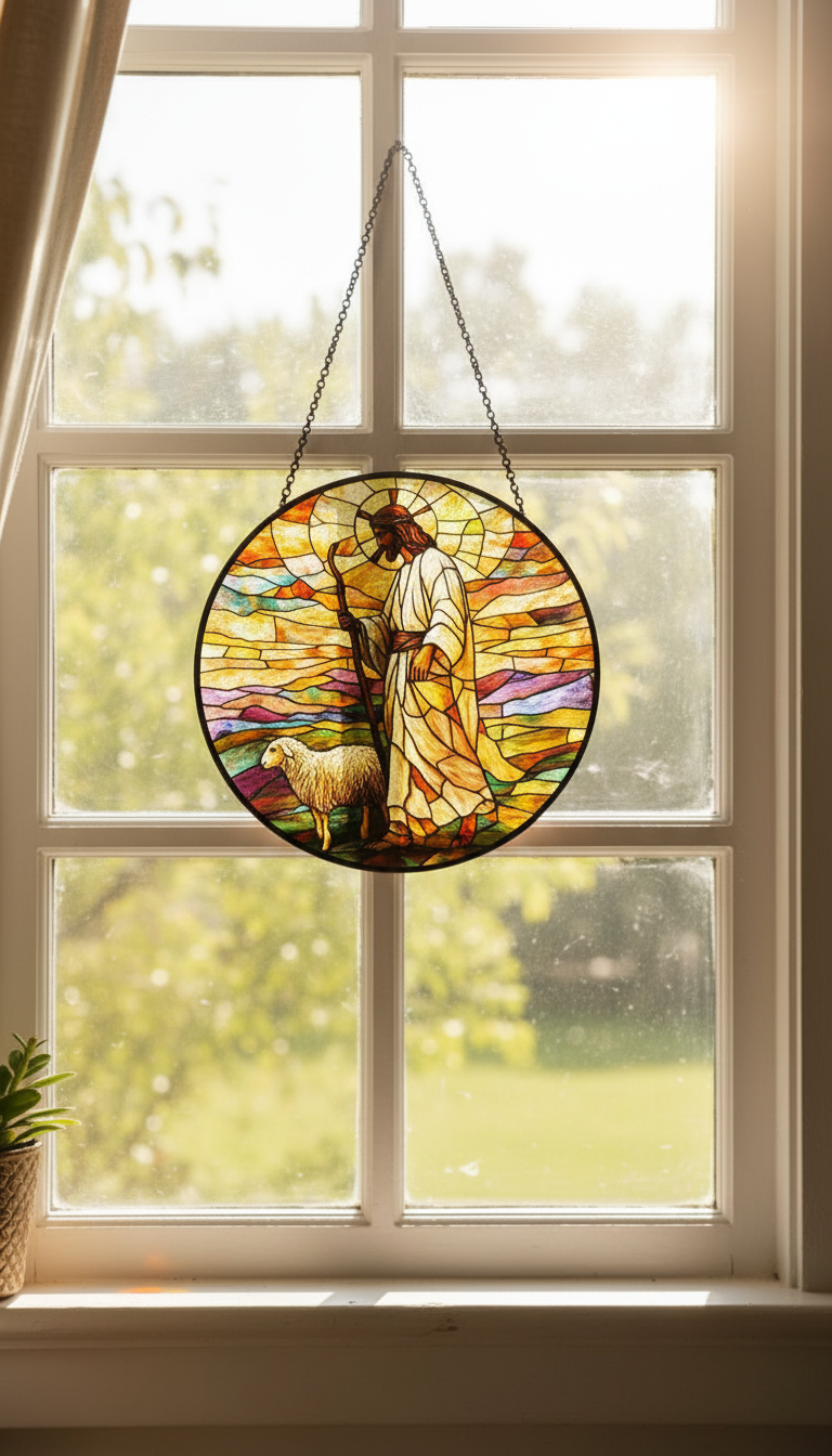Jesus Shepherd Stained Glass Suncatcher, Christian Window Hanging, Good Shepherd Sun Catcher, Religious Home Decor, Faith Gift, Bible Lover Art SCLAF23