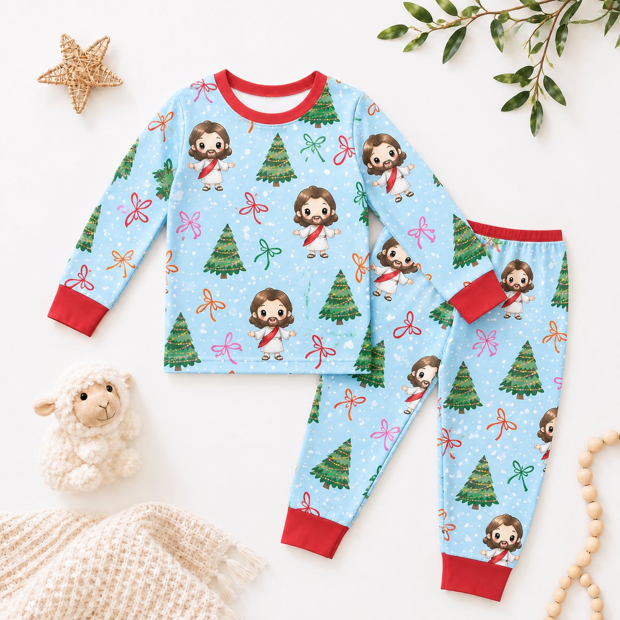 Jesus Christmas Bamboo Baby Kids Pajamas Set, Christian Holiday PJs, Christmas Tree Toddler Sleepwear, Religious Kids Gift BBPJSS12