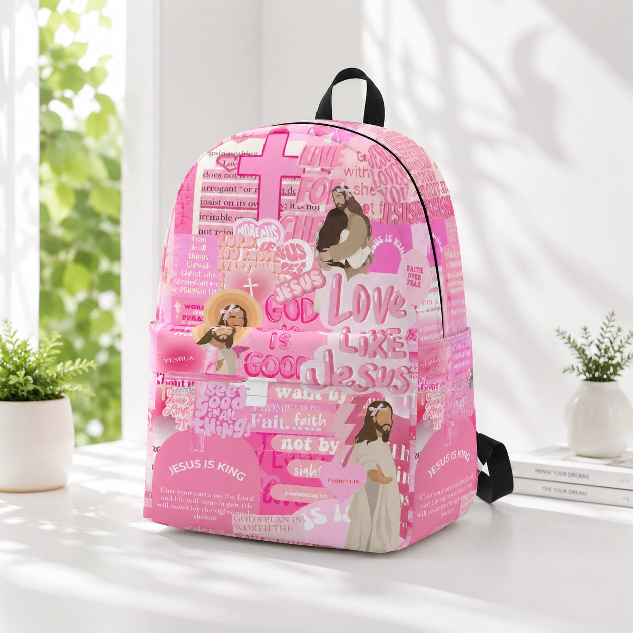 Pink Jesus Christian Backpack, Faith Over Fear Bible Verse School Bag, Bible Verse Backpack, Religious Book Bag, Back to School Christian Gift, Kid Adult Travel Backpack PLAF85