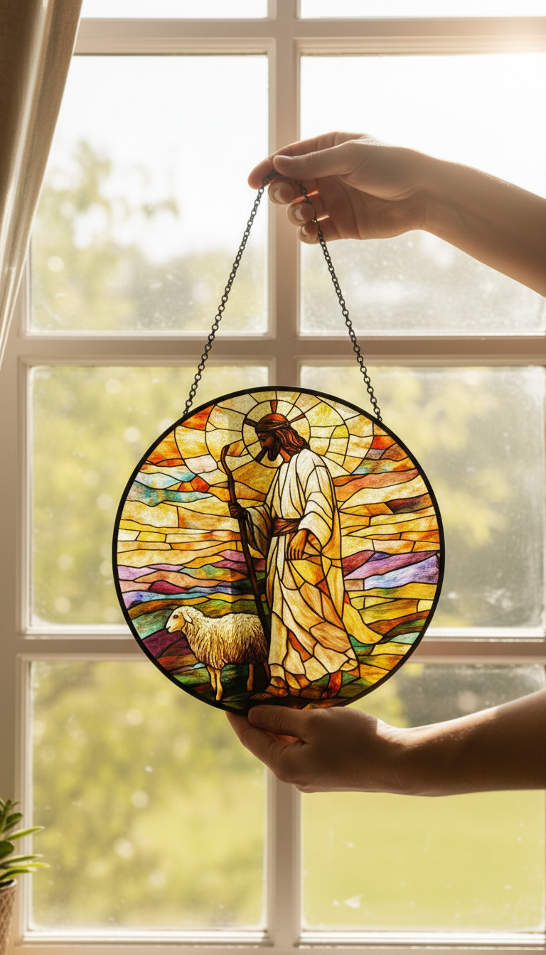 Jesus Shepherd Stained Glass Suncatcher, Christian Window Hanging, Good Shepherd Sun Catcher, Religious Home Decor, Faith Gift, Bible Lover Art SCLAF23