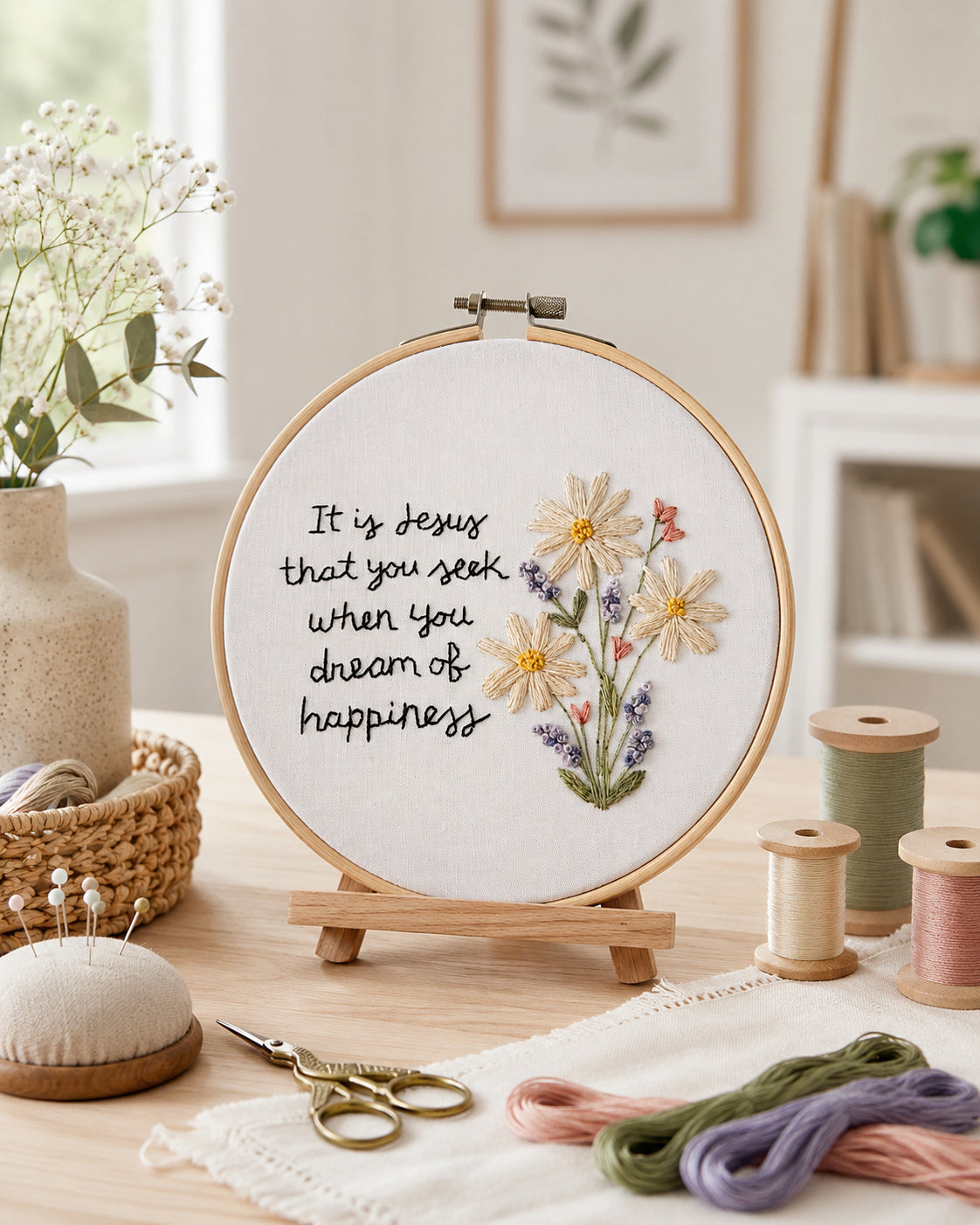 Jesus Quote Embroidery Hoop Art, Handmade Floral Daisy Wall Decor, Christian Inspirational Gift, Faith-Based Needlework Hoop EH08