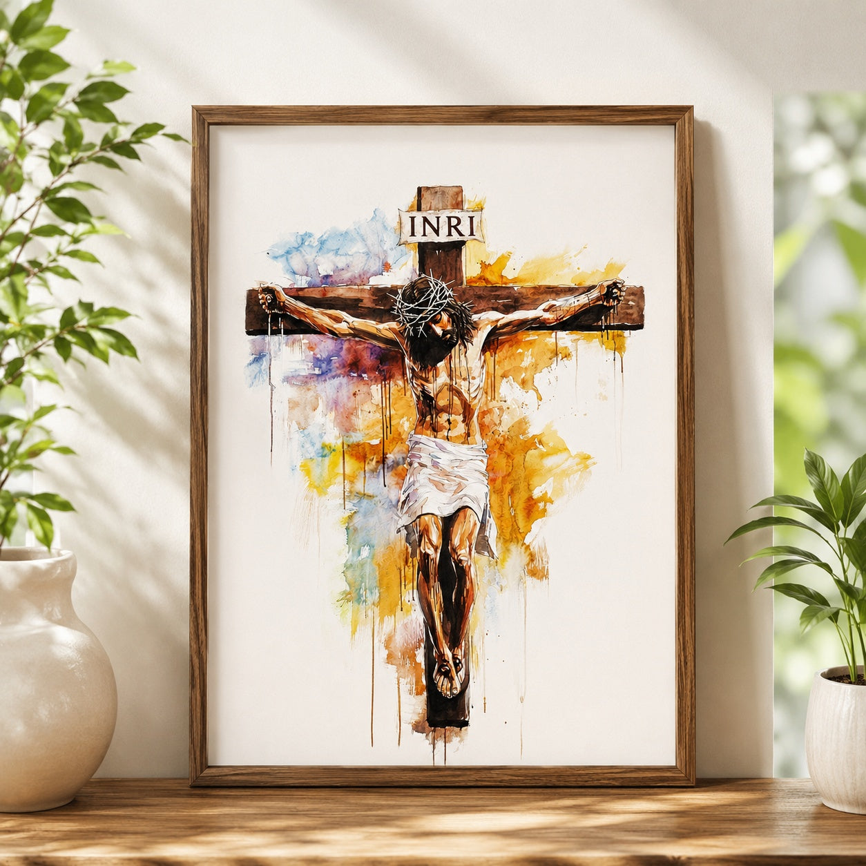 Jesus Crucifixion Poster, Colorful Watercolor Cross Print, INRI Catholic Decor, Christian Religious Artwork for Prayer Room and Living Room PTSETA13