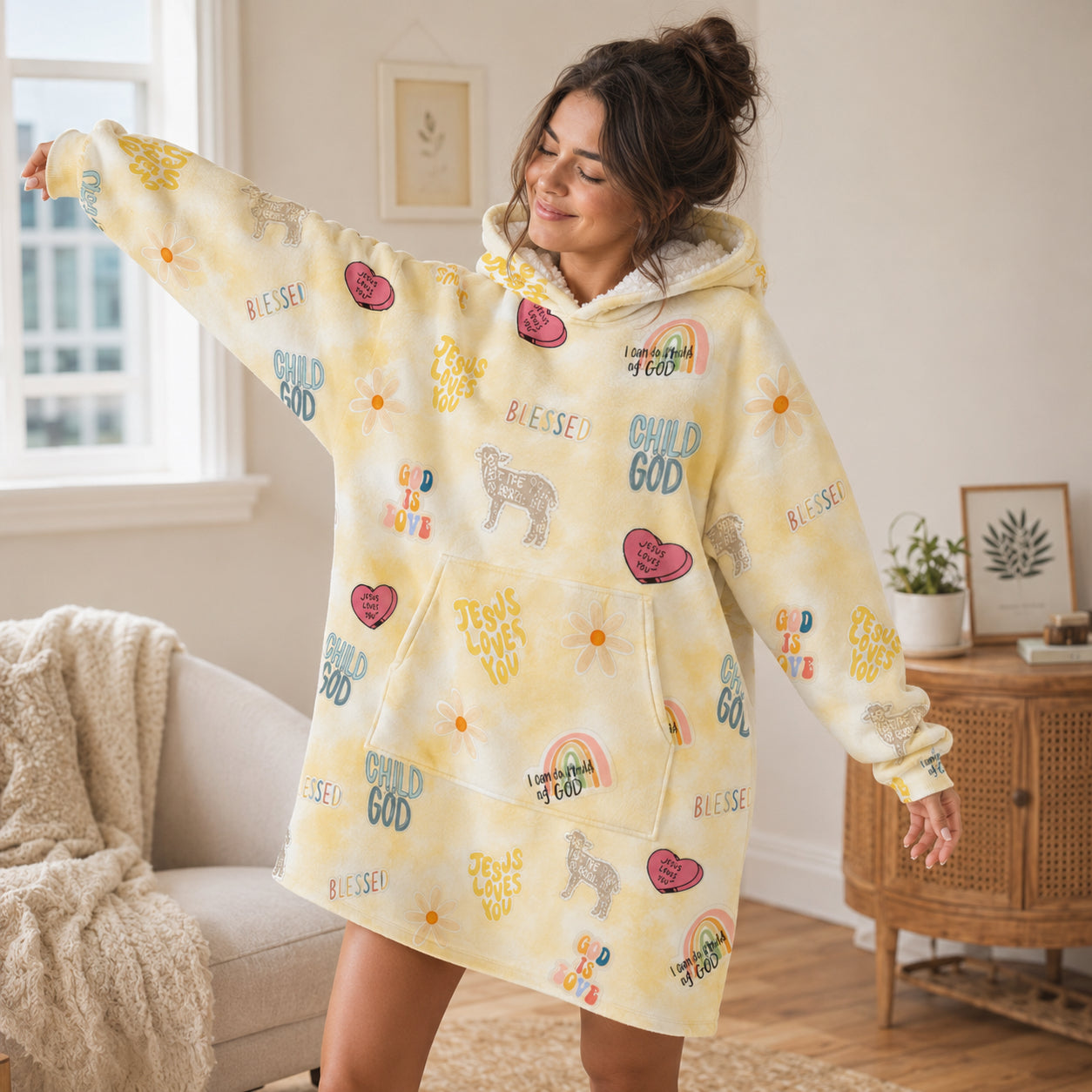 Jesus Loves You Oversized Hoodie Blanket, Custom Christian God Hoodie, Oversized Snuggle Hoodie, Fleece Flannel Wearable Blanket Hoodie for Kids & Adults, Family Religious Gift OOH14