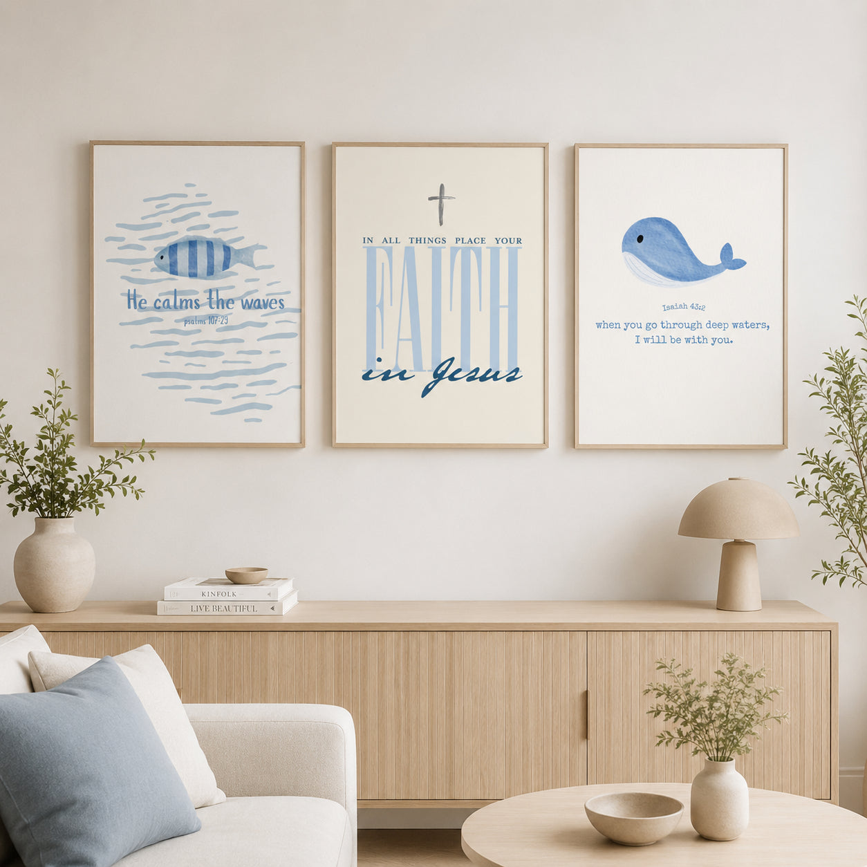 Set of 3 Faith in Jesus and Isaiah 43:2 Posters, Christian Wall Art, He Calms the Waves Bible Verse Prints, Blue Coastal Home Decor PTSET09