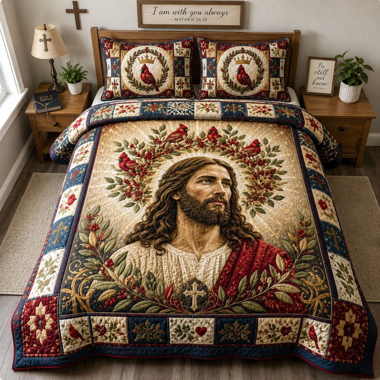 Jesus Portrait and Red Cardinal Quilted Bedding Set, Crown of Thorns Floral Print, Personalized Catholic Bedroom Decor LAFBED15