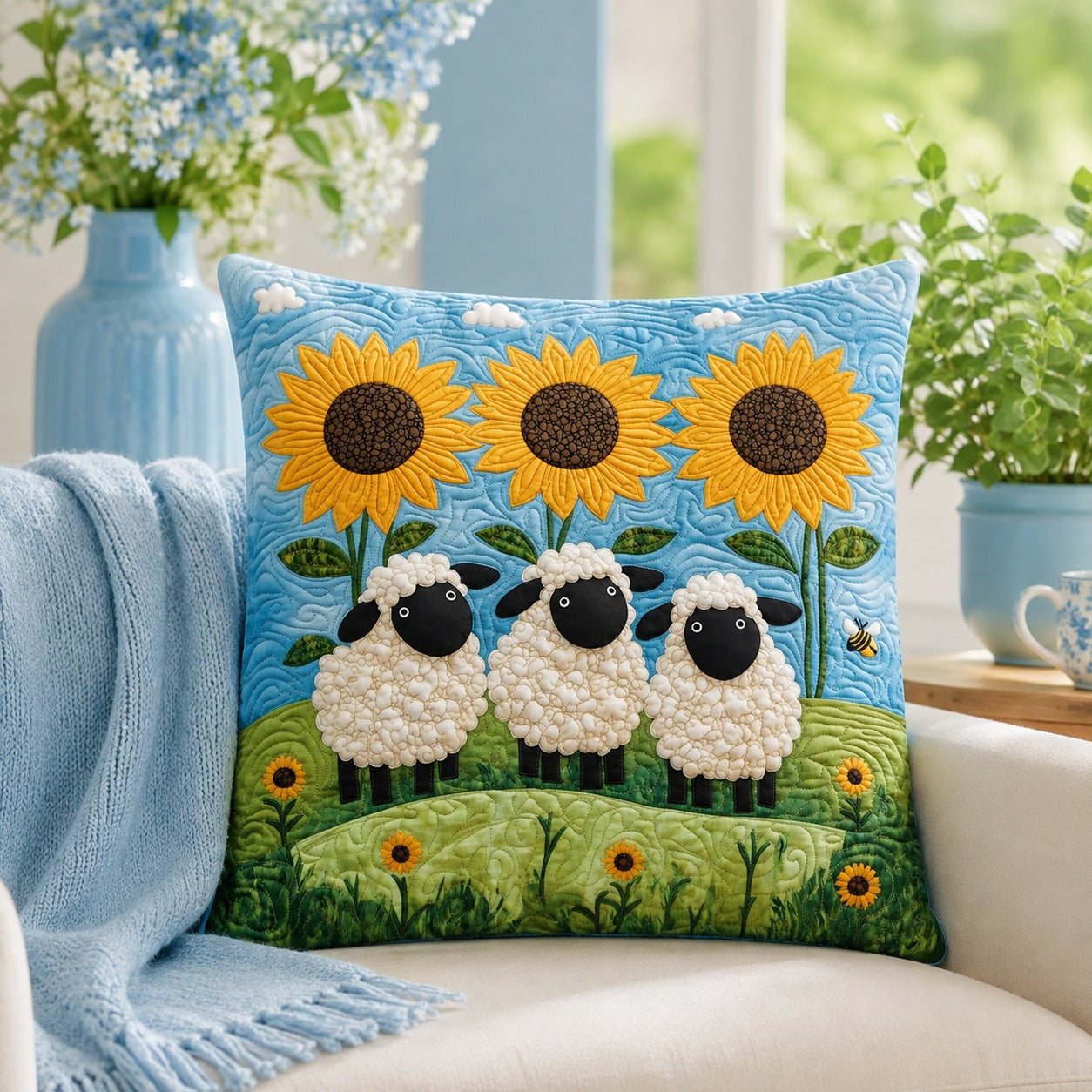 Sunflower Sheep Quilted Pillow Case, Cute Lamb Farmhouse Pillow Cover, Country Christian Decor, Spring Summer Home Accent QPILLOW13