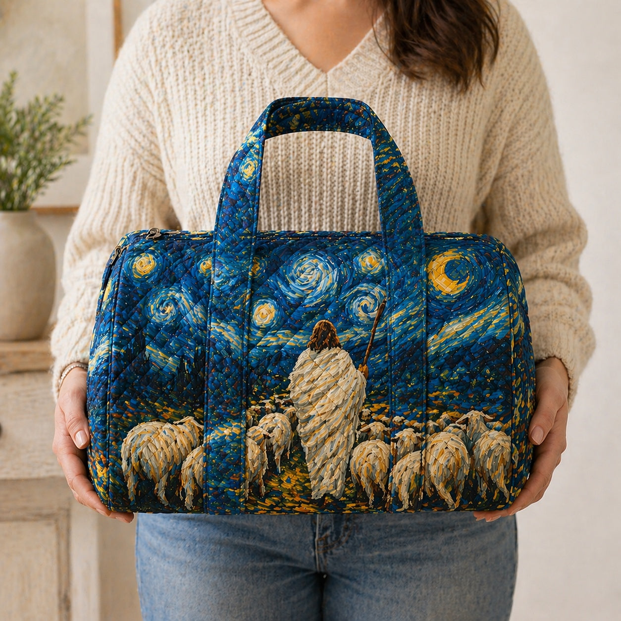 Christian Starry Night Quilted Duffle Bag, Jesus Shepherd With Sheep Faith Weekender Bag, Floral Duffle Bag, Jesus With Sheep Travel Overnight Bag, Religious Quilted Bag Gift QDB14