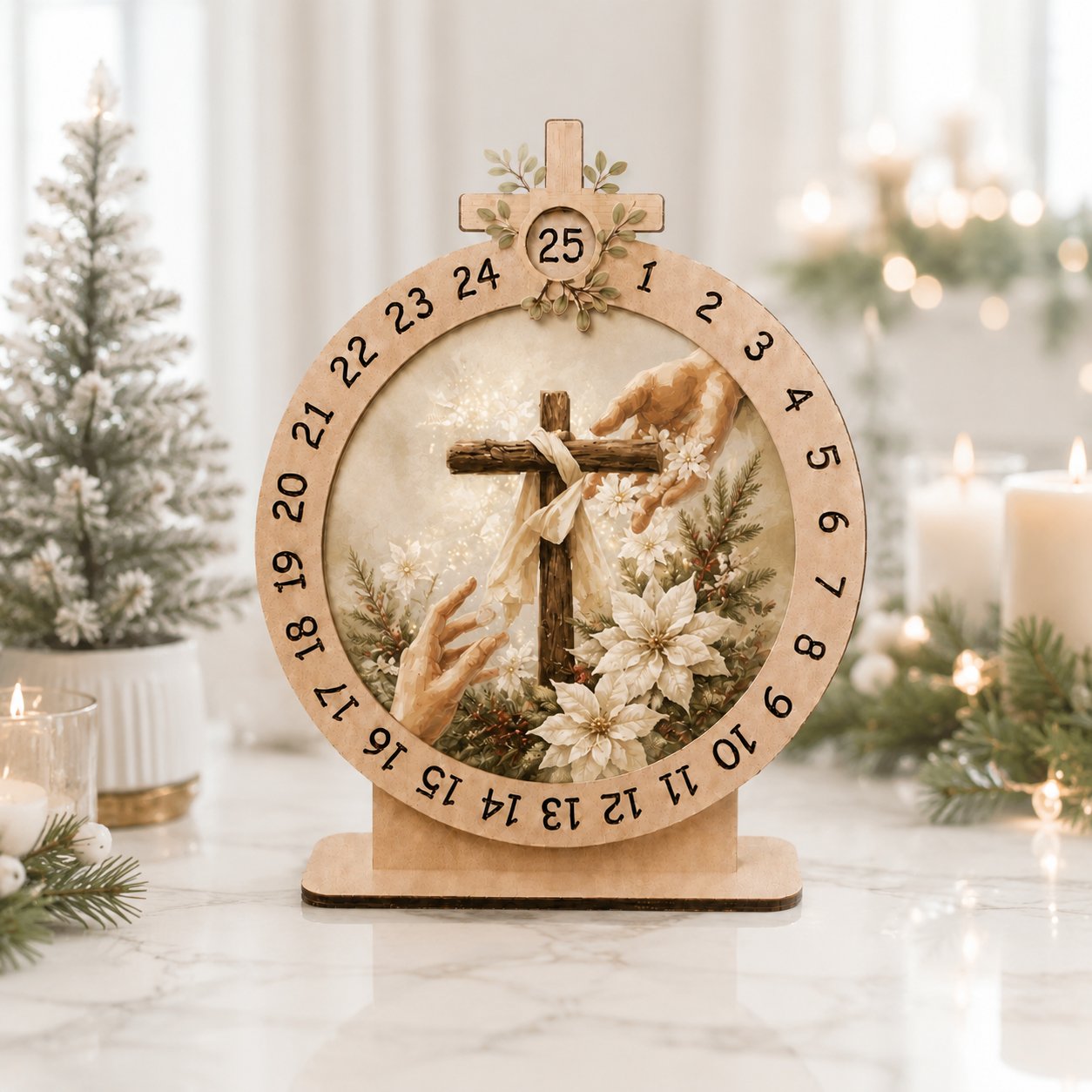 Wooden God Reach Hands Advent Calendar, Jesus Christmas Wooden Sign, Custom Tabletop Religious Gift, Spinning Wheel Christmas Countdown Decor, Religious Christian Christmas Gift XMASW10