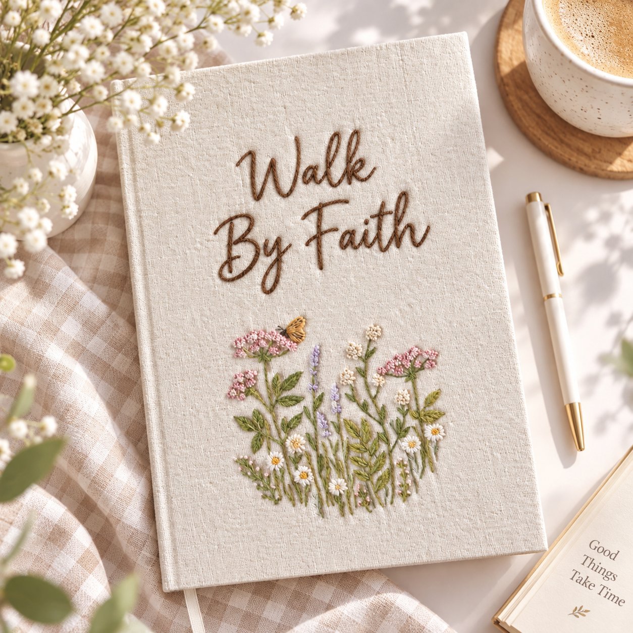 Walk By Faith Hand-Embroidery Journal, Christian Linen Notebook, Wildflower Bible Journal, Handmade Prayer Notebook, Inspirational Faith Gift NB16