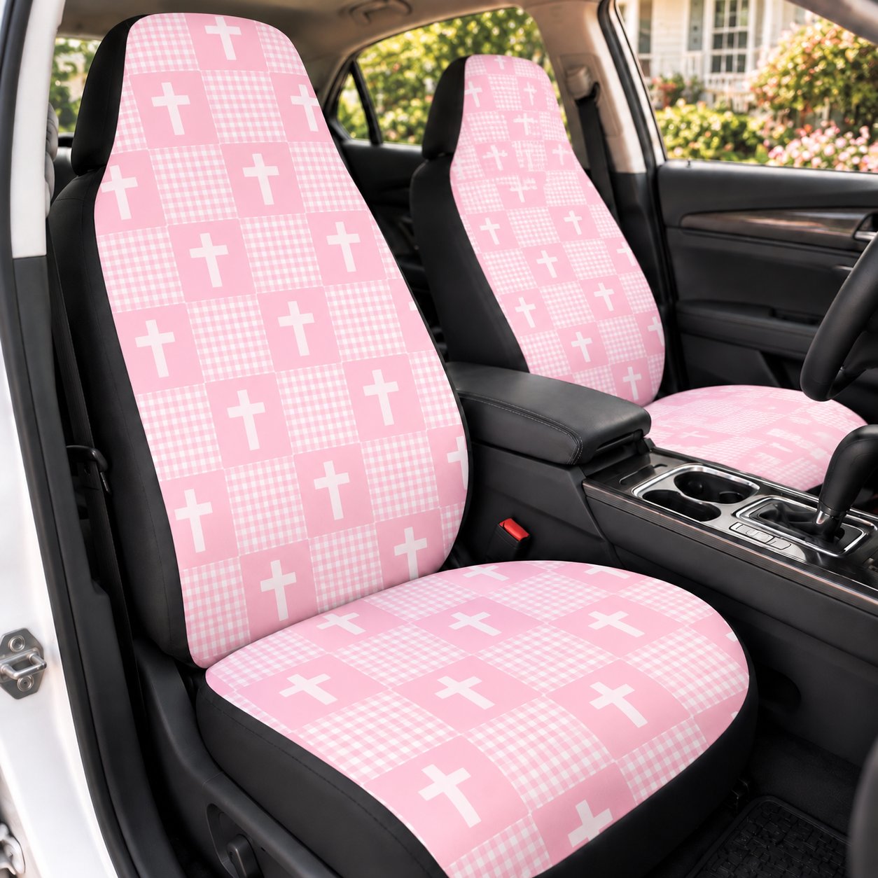 Pink Cross Car Seat Covers, Christian Gingham Auto Seat Cover, Faith Inspired Vehicle Accessories, Religious Car Decor Gift For Women CARSC14