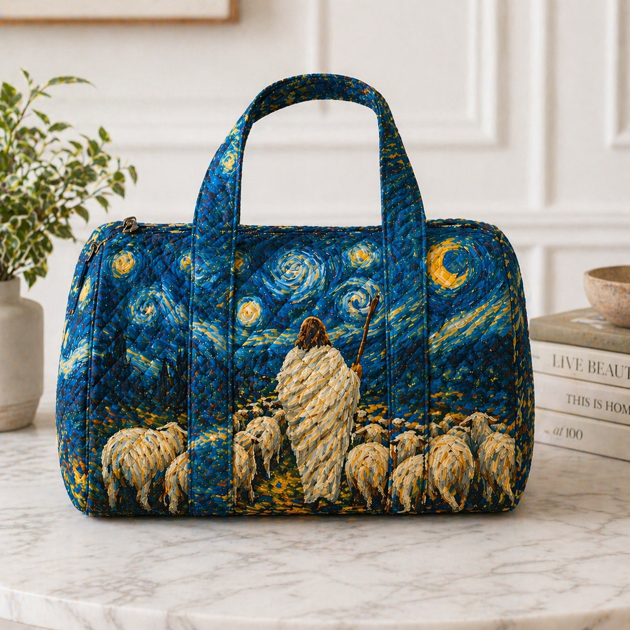 Christian Starry Night Quilted Duffle Bag, Jesus Shepherd With Sheep Faith Weekender Bag, Floral Duffle Bag, Jesus With Sheep Travel Overnight Bag, Religious Quilted Bag Gift QDB14