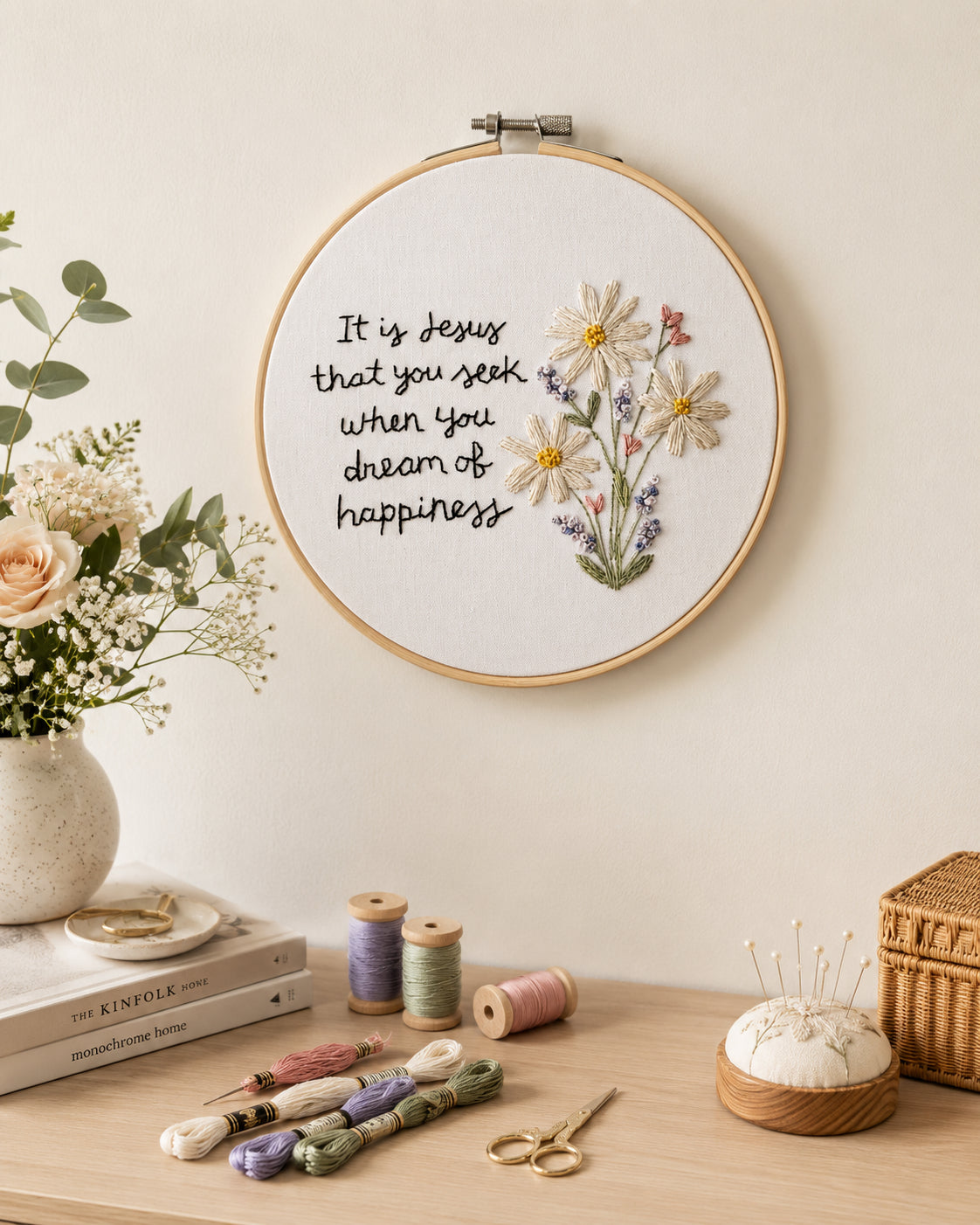 Jesus Quote Embroidery Hoop Art, Handmade Floral Daisy Wall Decor, Christian Inspirational Gift, Faith-Based Needlework Hoop EH08