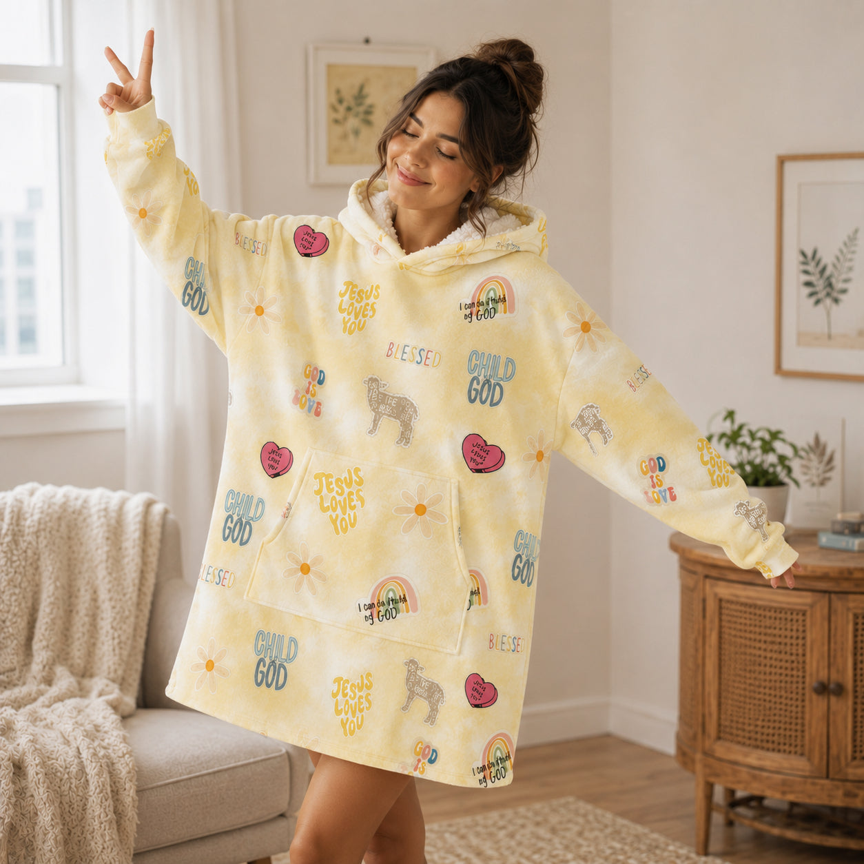 Jesus Loves You Oversized Hoodie Blanket, Custom Christian God Hoodie, Oversized Snuggle Hoodie, Fleece Flannel Wearable Blanket Hoodie for Kids & Adults, Family Religious Gift OOH14