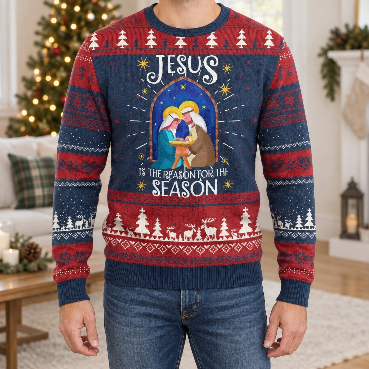 Jesus Is the Reason for the Season Ugly Christmas Sweater, Christian Holiday Sweatshirt, Faith Xmas Gift XMASUS14