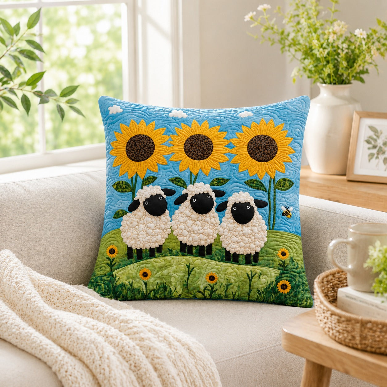 Sunflower Sheep Quilted Pillow Case, Cute Lamb Farmhouse Pillow Cover, Country Christian Decor, Spring Summer Home Accent QPILLOW13