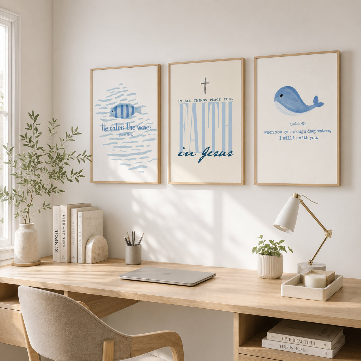 Set of 3 Faith in Jesus and Isaiah 43:2 Posters, Christian Wall Art, He Calms the Waves Bible Verse Prints, Blue Coastal Home Decor PTSET09