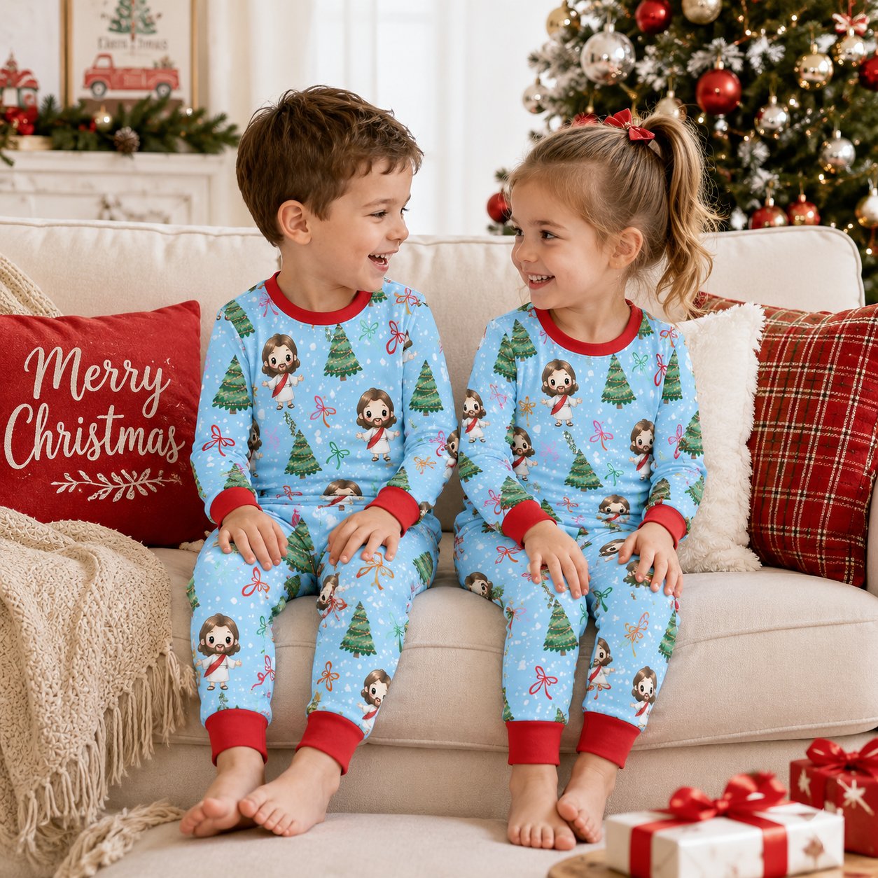 Jesus Christmas Bamboo Baby Kids Pajamas Set, Christian Holiday PJs, Christmas Tree Toddler Sleepwear, Religious Kids Gift BBPJSS12