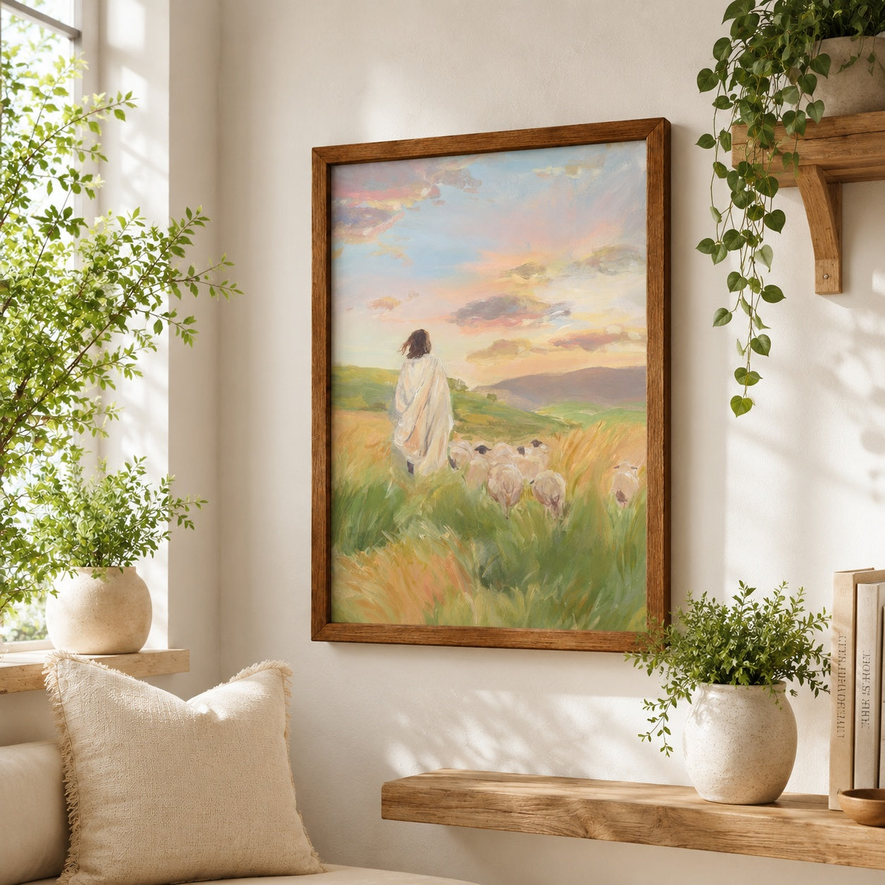 Jesus Good Shepherd Poster, Christian Wall Art Print, Shepherd with Sheep Religious Decor, Bible Inspired Faith Gift, Pastoral Landscape Art PTS14