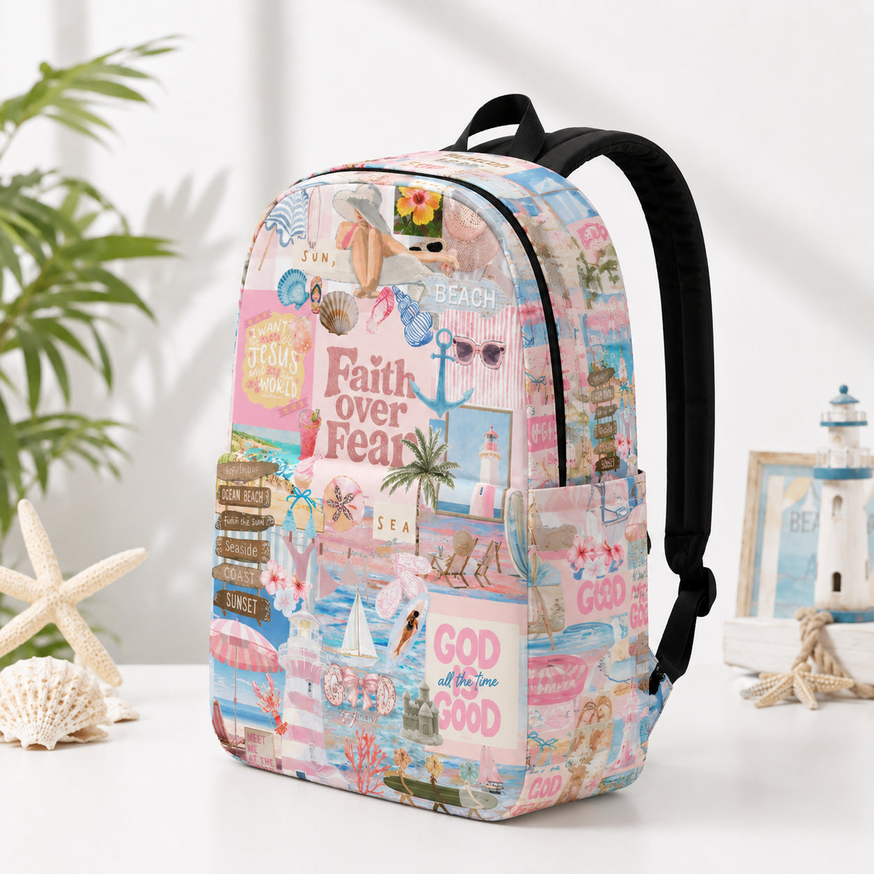 Faith Over Fear Backpack, Custom Beach Pattern Christian Aesthetic Backpack, Christian Faith Bag, Laptop Bag, Back To School Backpack PLAF77