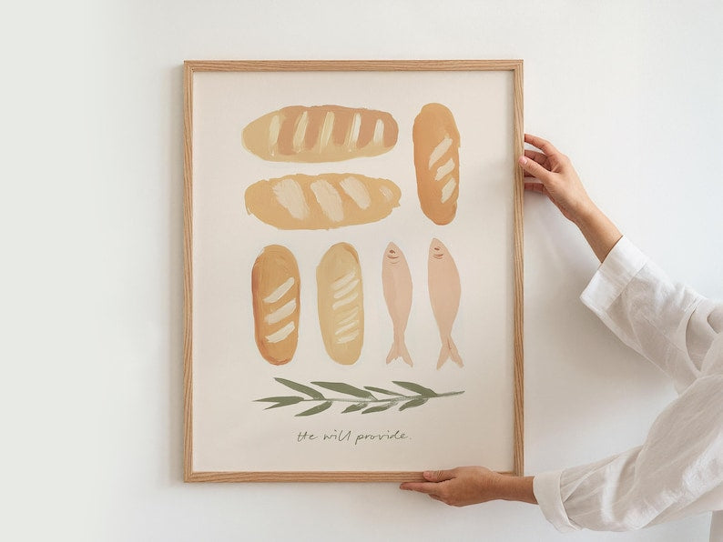Neutral Artful Loaves and Fish Art Poster, Jesus Bread Christian Miracle Scripture Kitchen Artwork, Jesus Food Home Decor PT11
