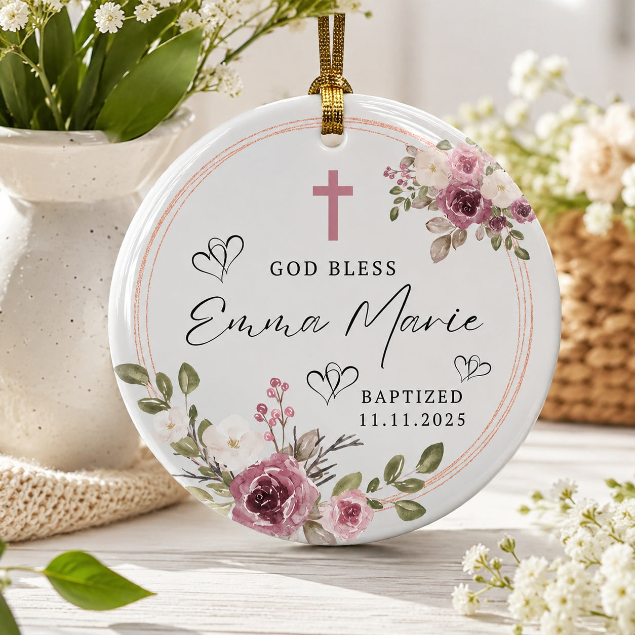 Personalized Floral Baptism Ceramic Ornament, Custom Christian Cross Ornament, Baby Girl Christening Keepsake, Name and Date Religious Gift CRMO14