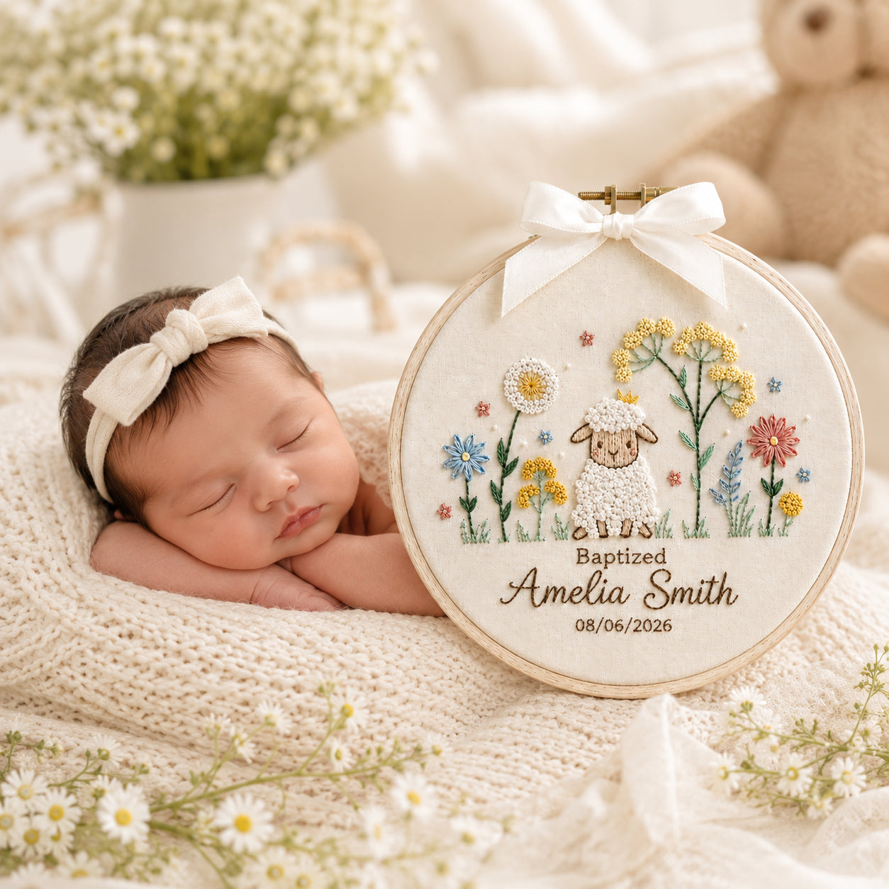 Personalized Hand Embroidered Baptism Hoop Art, Lamb and Wildflower Hoop, Christian Faith Keepsake, Christian Hoop Art, Nursery Gift EHA42