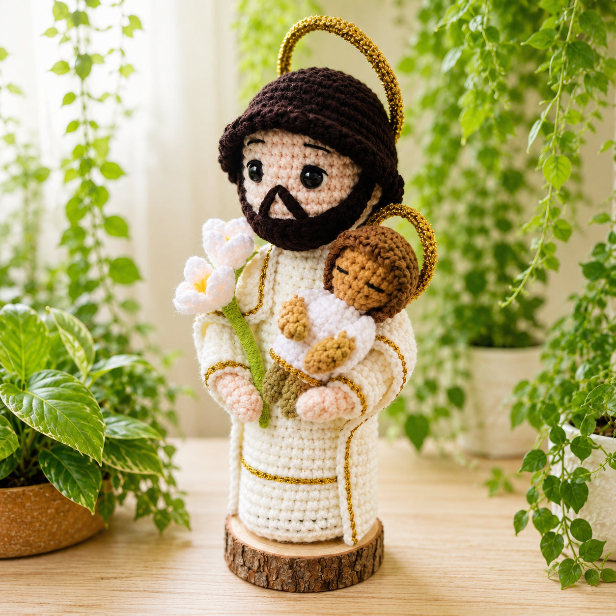 Handmade Crochet Saint Joseph with Baby Doll, Jesus Figurine, Christian Family Gift, Sacrament Keepsake CR10