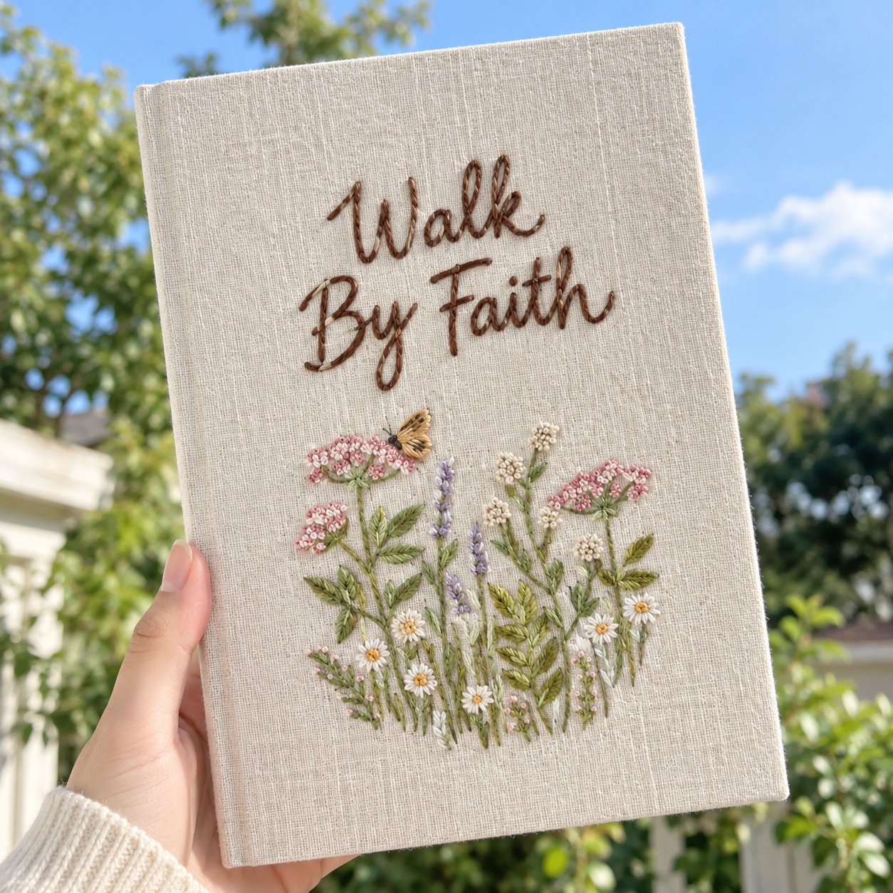 Walk By Faith Hand-Embroidery Journal, Christian Linen Notebook, Wildflower Bible Journal, Handmade Prayer Notebook, Inspirational Faith Gift NB16