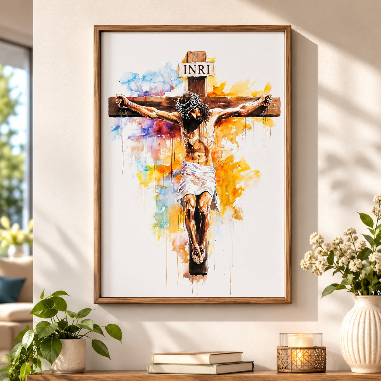 Jesus Crucifixion Poster, Colorful Watercolor Cross Print, INRI Catholic Decor, Christian Religious Artwork for Prayer Room and Living Room PTSETA13