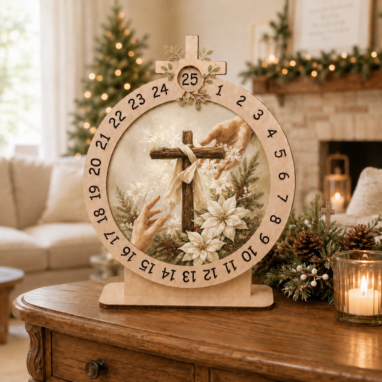 Wooden God Reach Hands Advent Calendar, Jesus Christmas Wooden Sign, Custom Tabletop Religious Gift, Spinning Wheel Christmas Countdown Decor, Religious Christian Christmas Gift XMASW10