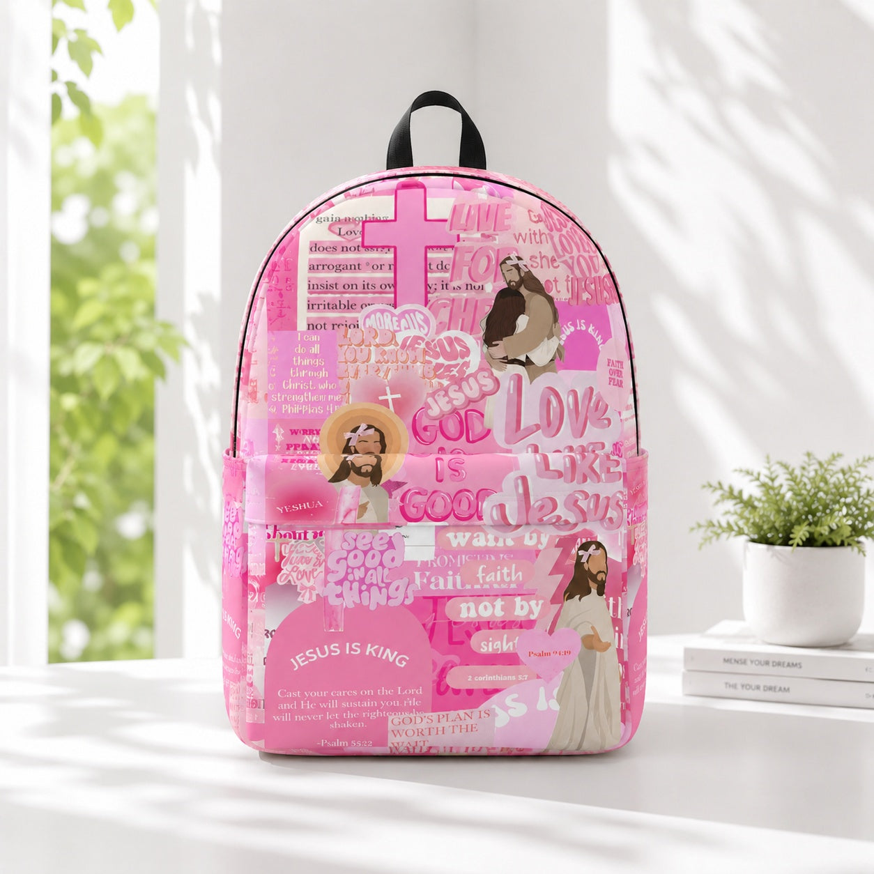 Pink Jesus Christian Backpack, Faith Over Fear Bible Verse School Bag, Bible Verse Backpack, Religious Book Bag, Back to School Christian Gift, Kid Adult Travel Backpack PLAF85