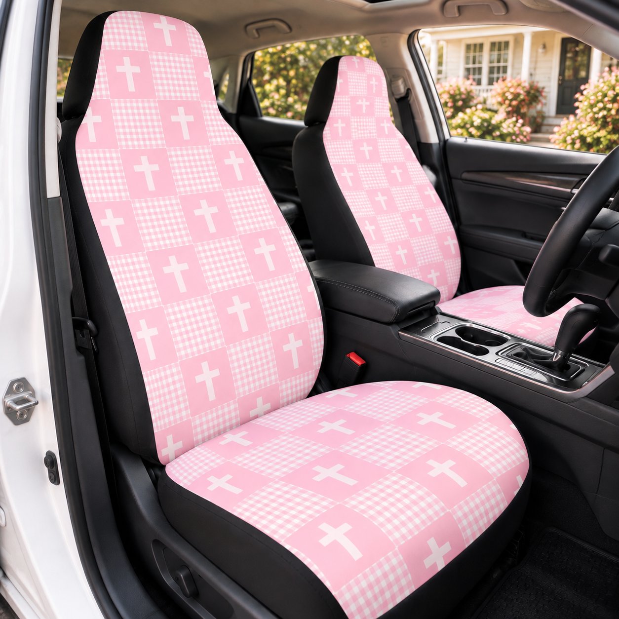 Pink Cross Car Seat Covers, Christian Gingham Auto Seat Cover, Faith Inspired Vehicle Accessories, Religious Car Decor Gift For Women CARSC14