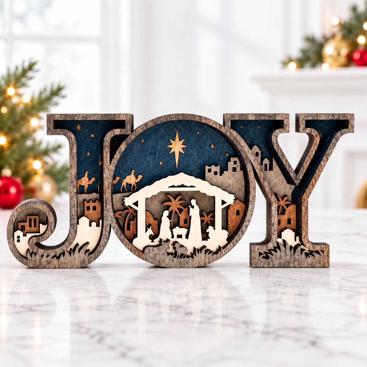 JOY Christmas Wooden Sign, Christian Nativity Wooden Block Decor, Nativity Scene Holiday Decor, Jesus Birth Religious Home Decoration, Christian Christmas Shelf Sitter Gift WSXM10
