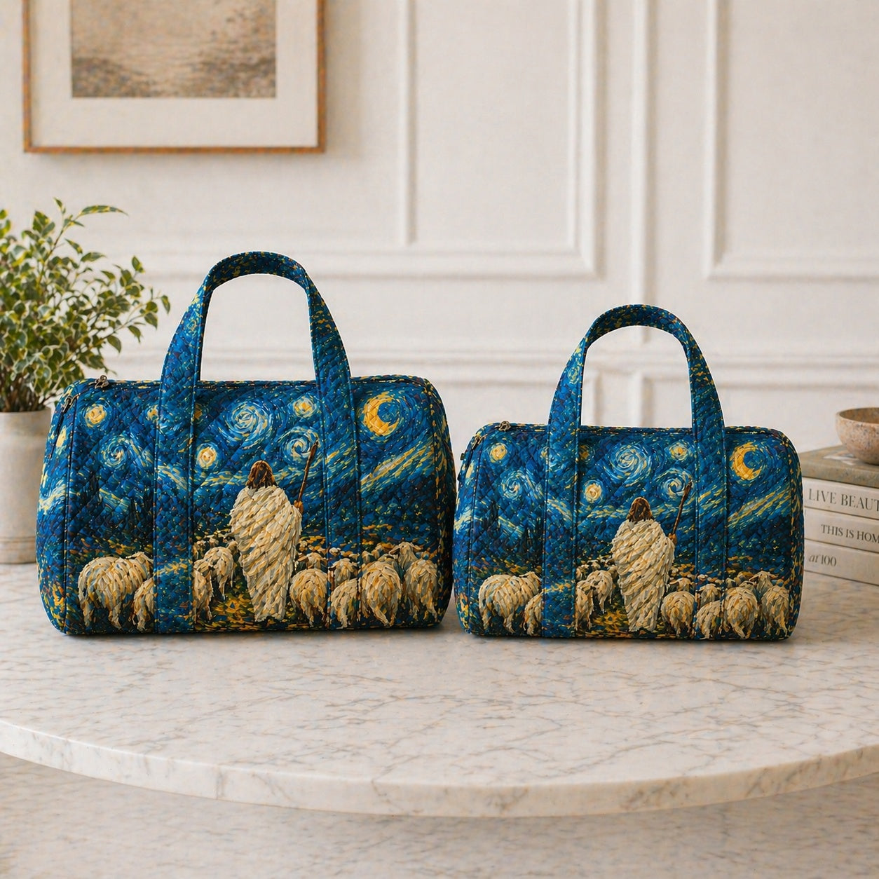 Christian Starry Night Quilted Duffle Bag, Jesus Shepherd With Sheep Faith Weekender Bag, Floral Duffle Bag, Jesus With Sheep Travel Overnight Bag, Religious Quilted Bag Gift QDB14