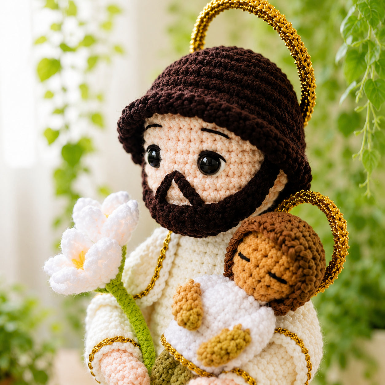 Handmade Crochet Saint Joseph with Baby Doll, Jesus Figurine, Christian Family Gift, Sacrament Keepsake CR10