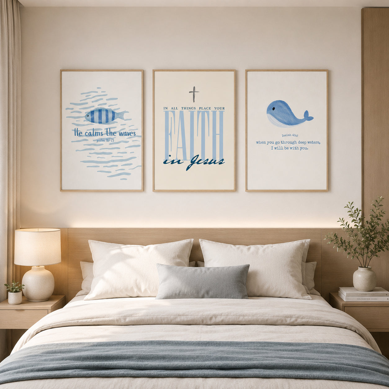 Set of 3 Faith in Jesus and Isaiah 43:2 Posters, Christian Wall Art, He Calms the Waves Bible Verse Prints, Blue Coastal Home Decor PTSET09