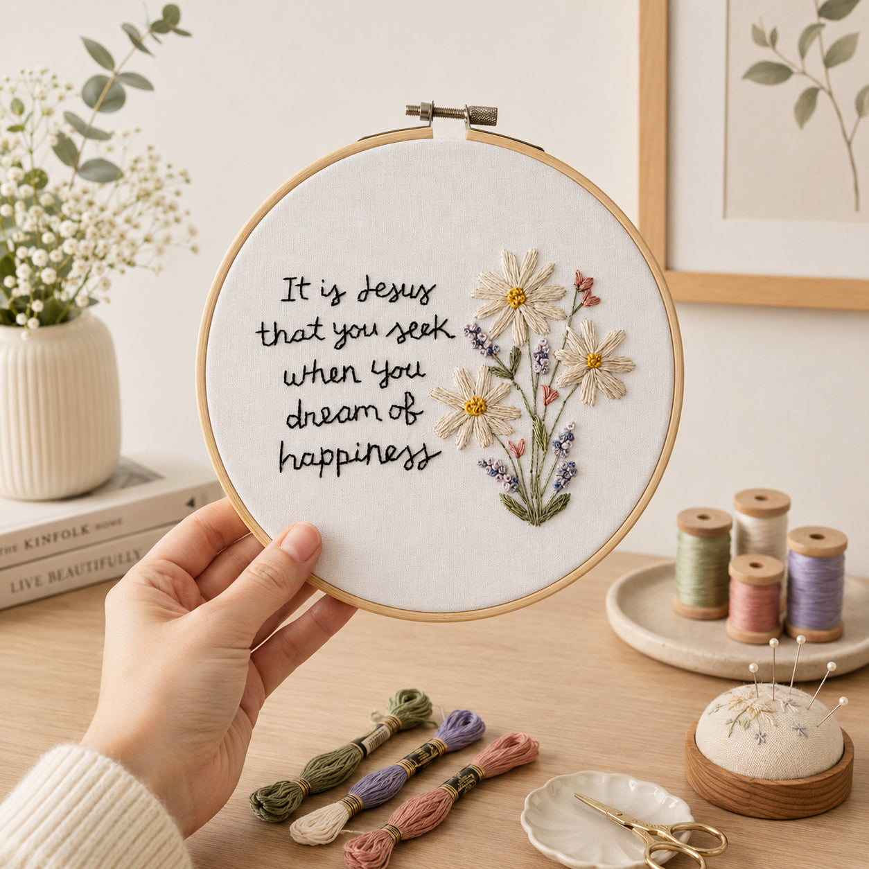Jesus Quote Embroidery Hoop Art, Handmade Floral Daisy Wall Decor, Christian Inspirational Gift, Faith-Based Needlework Hoop EH08