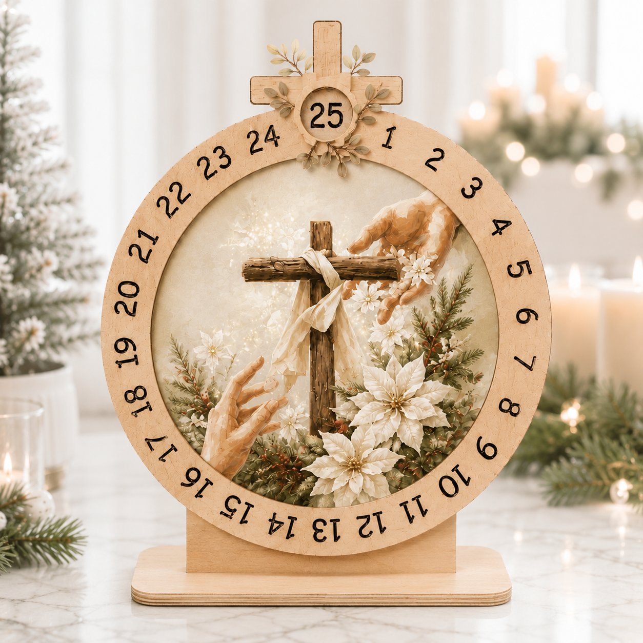 Wooden God Reach Hands Advent Calendar, Jesus Christmas Wooden Sign, Custom Tabletop Religious Gift, Spinning Wheel Christmas Countdown Decor, Religious Christian Christmas Gift XMASW10