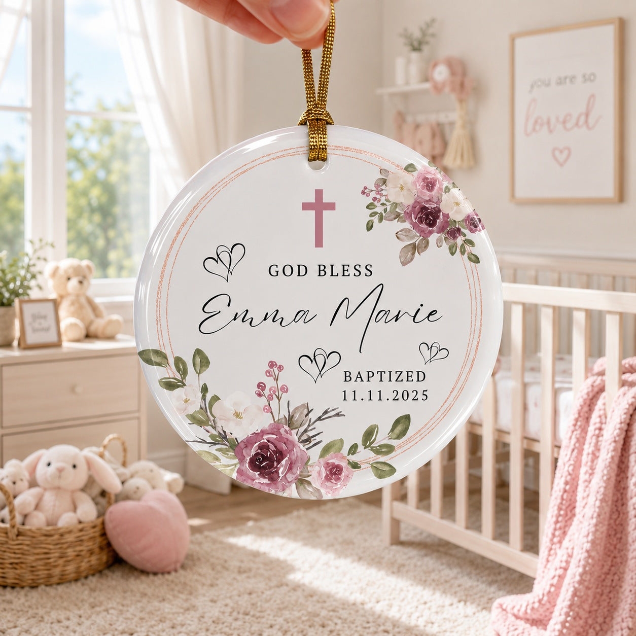 Personalized Floral Baptism Ceramic Ornament, Custom Christian Cross Ornament, Baby Girl Christening Keepsake, Name and Date Religious Gift CRMO14