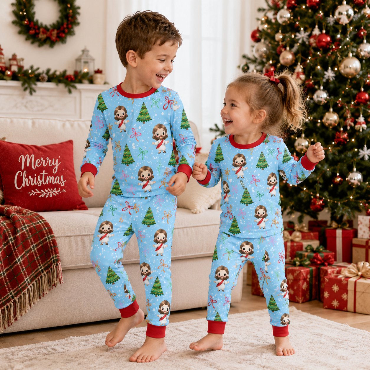 Jesus Christmas Bamboo Baby Kids Pajamas Set, Christian Holiday PJs, Christmas Tree Toddler Sleepwear, Religious Kids Gift BBPJSS12