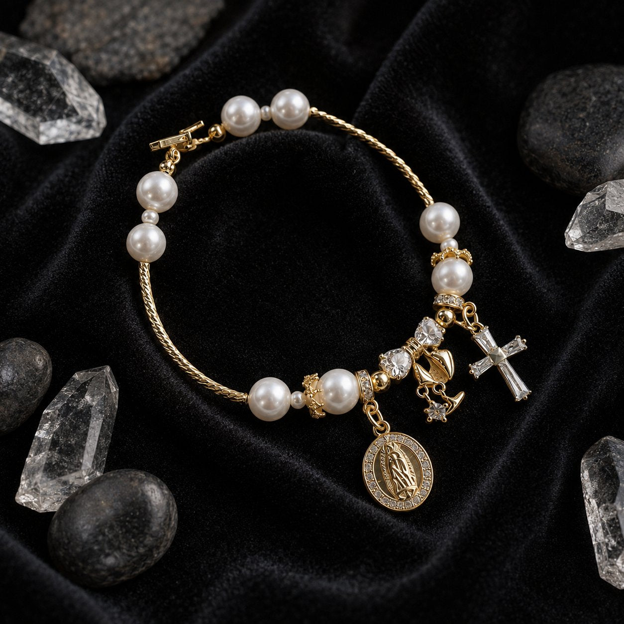 Elegant Gold Pearl Charm Bracelet with Cross, Floral & Crystal Pendant, Catholic Cross Bracelet, Gift For Her VTBR12