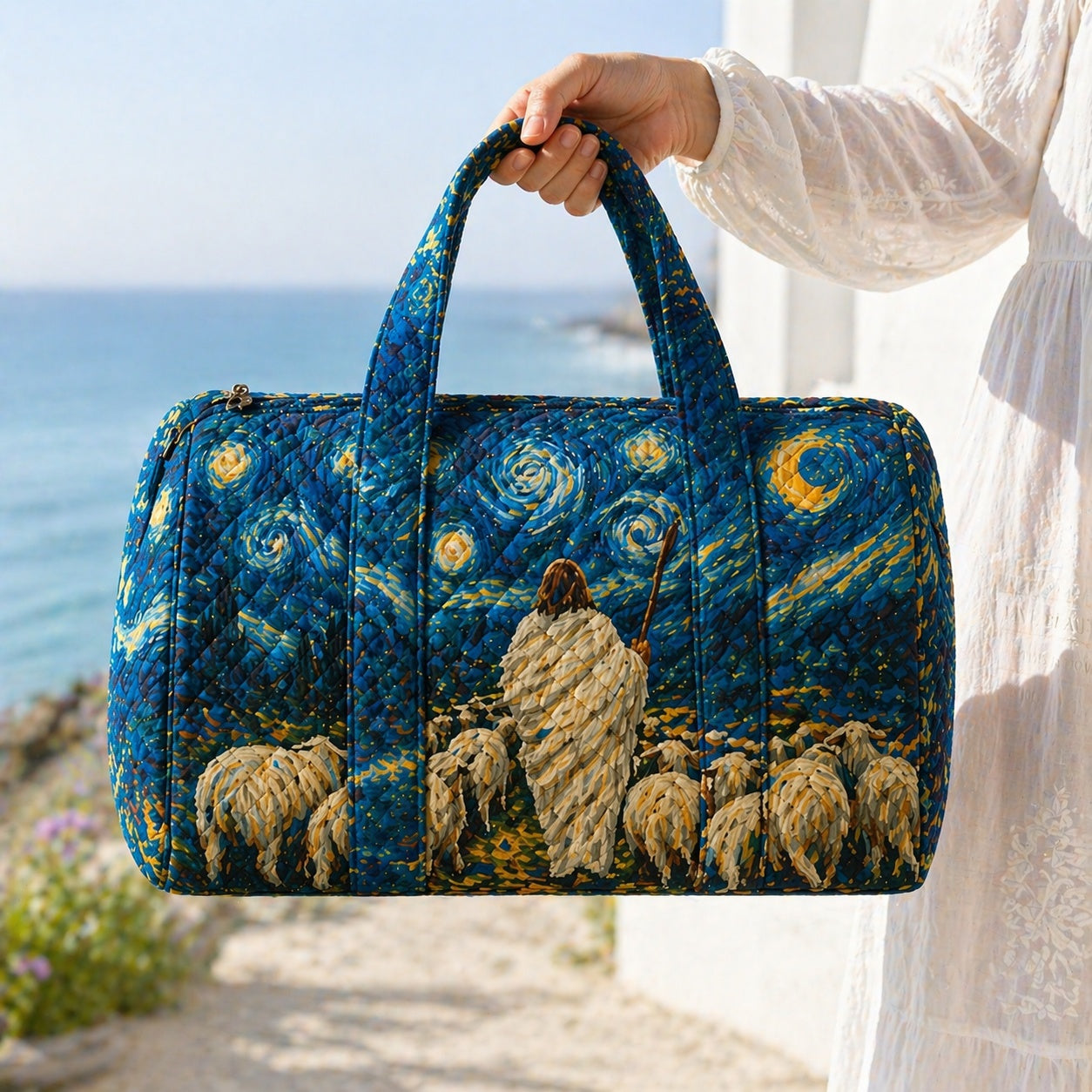 Christian Starry Night Quilted Duffle Bag, Jesus Shepherd With Sheep Faith Weekender Bag, Floral Duffle Bag, Jesus With Sheep Travel Overnight Bag, Religious Quilted Bag Gift QDB14
