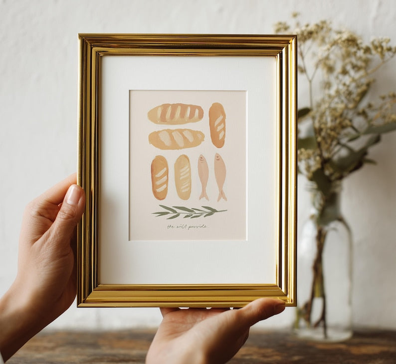 Neutral Artful Loaves and Fish Art Poster, Jesus Bread Christian Miracle Scripture Kitchen Artwork, Jesus Food Home Decor PT11
