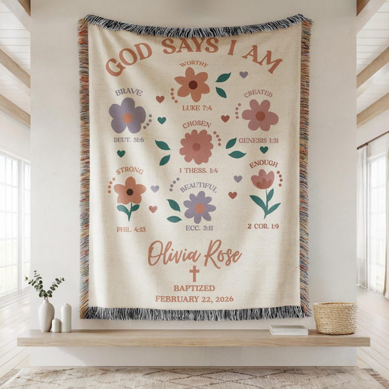 God Says I Am Baptism Floral Woven Blanket, Custom Christening Blanket with Cross Blanket, Personalized Baby Name & Date Blanket, Baby Shower Gift WBLAF14