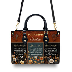 Personalized Christian Leather Handbag, Blessed is She Custom Name Purse, Faith Bible Verse Tote, Religious Gift for Women BLAF27